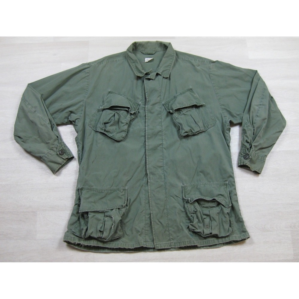 Vintage 60s U.S. Military Jungle Fatigue Jacket (L) Poplin Slant Pocket Vietnam
